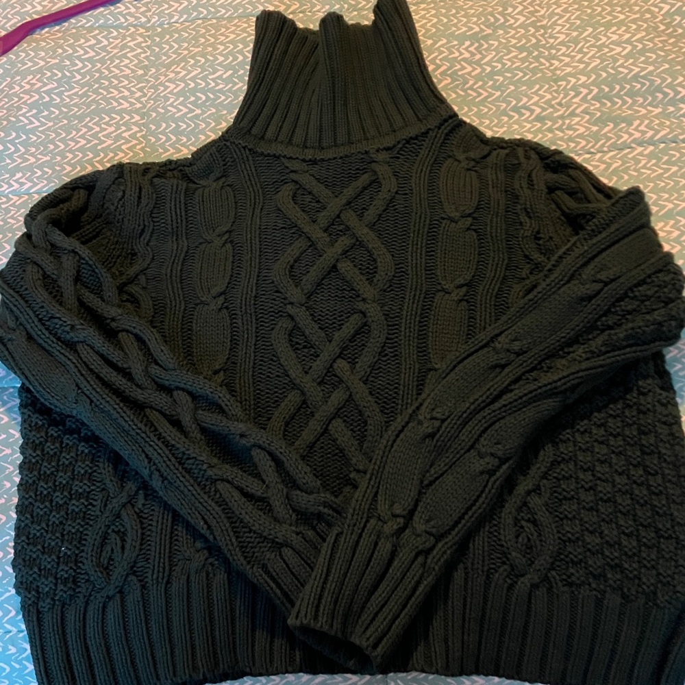 Lands' End Dark Green Drifter Cable Knit Turtleneck Sweater